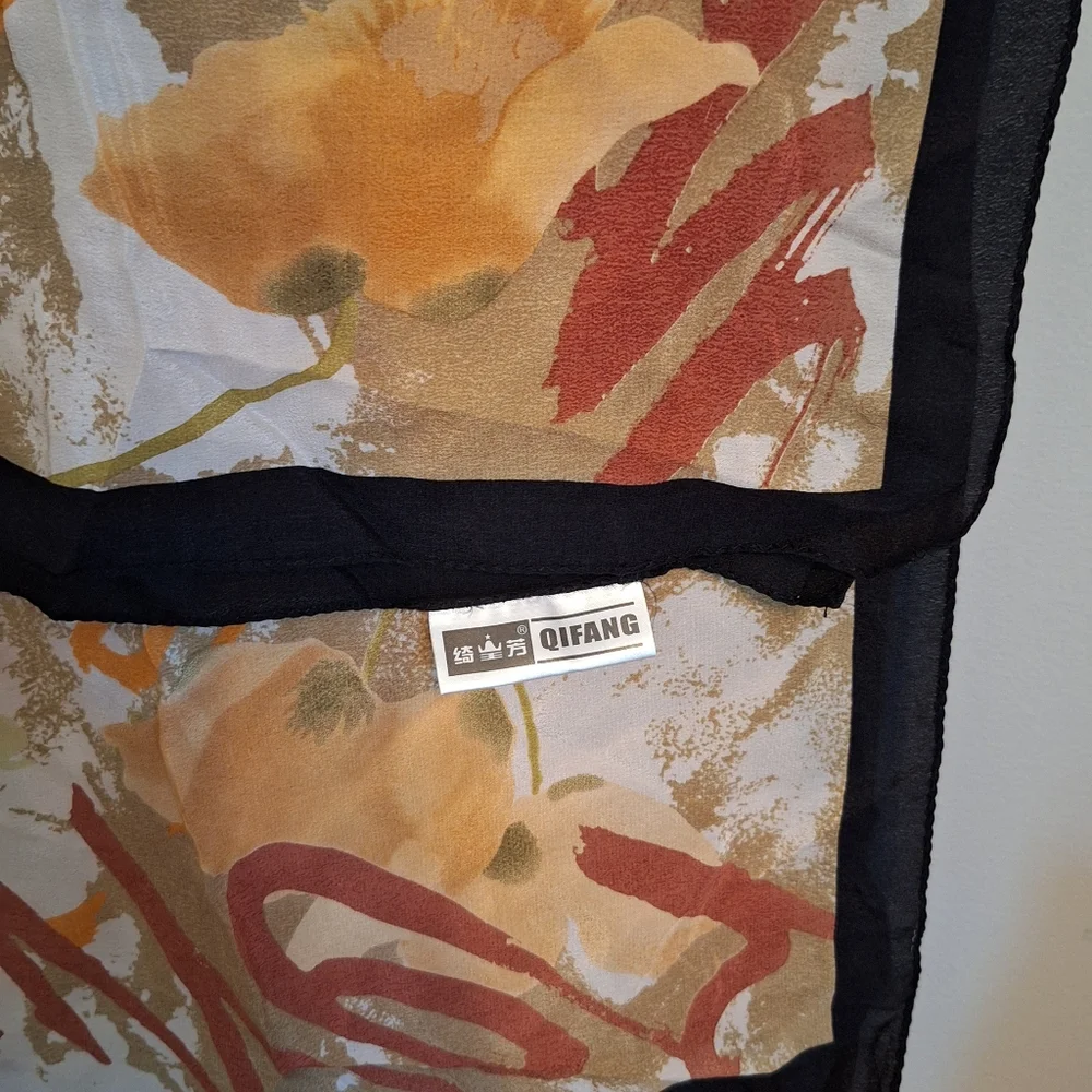 QIFANG 100% SILK Floral Print Scarf with Black Border